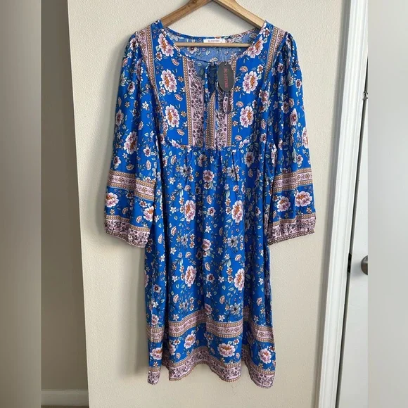 NWT Bluetime Summer Dress Boho V Neck 3/4 Sleeve Babydoll Floral Viscose Sz XL - Picture 5 of 13